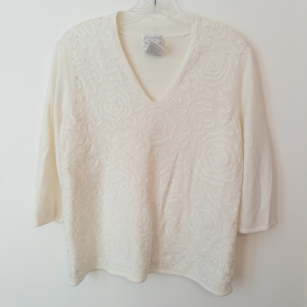 90s Romantic Cream Rose‎ Appliqué Sweater Size Petite L Cottagecore Ballet Soft